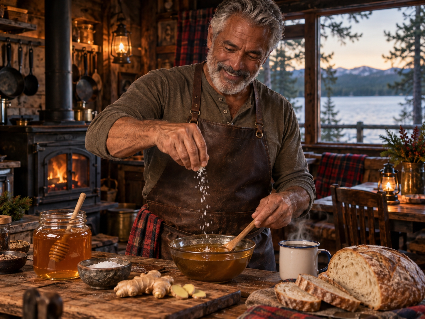 Honey, ginger and a warm bowl on a cabin kitchen table